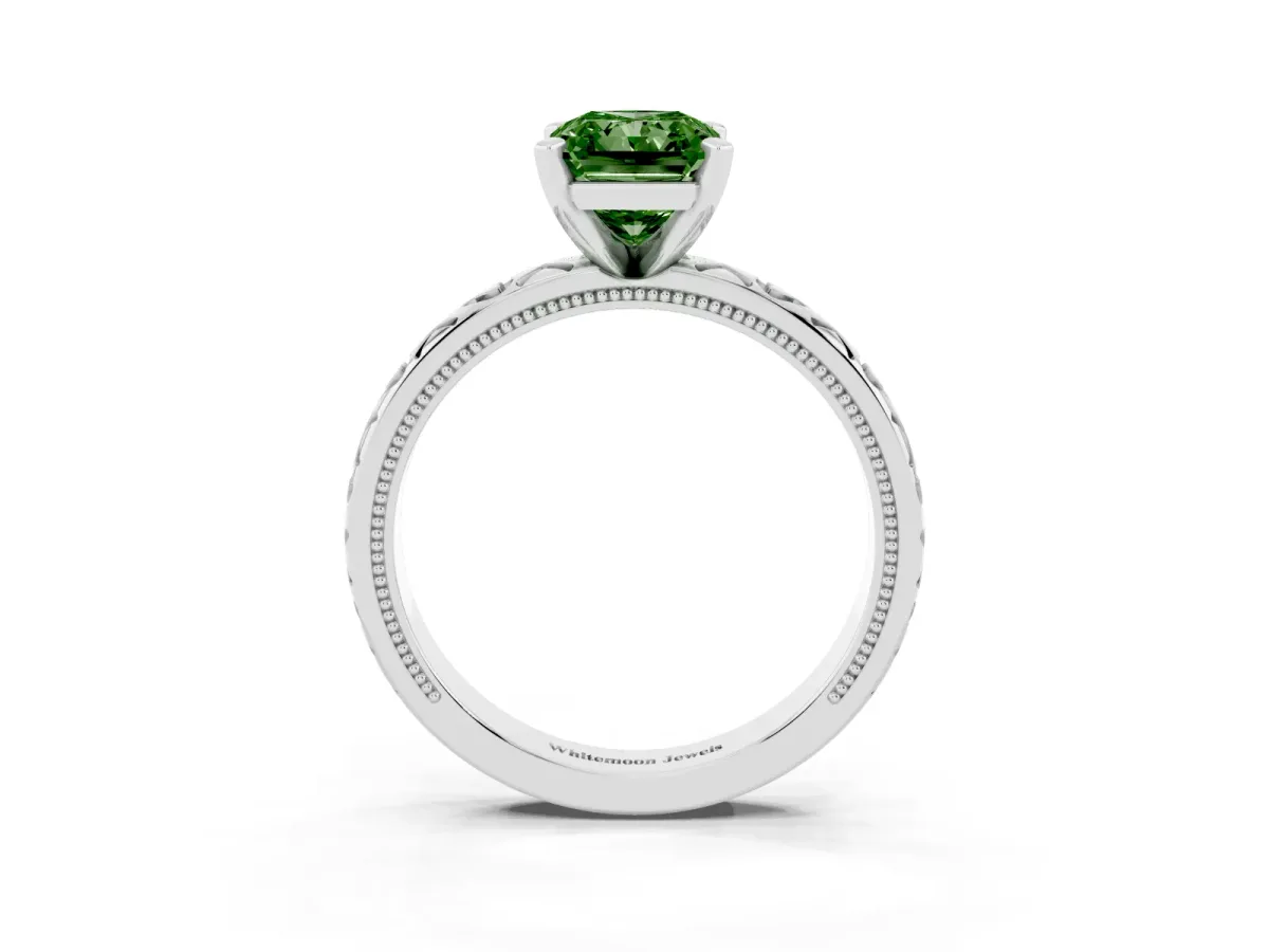 Fancy Green Radiant Cut Solitaire Diamond Engagement Ring with XO Engraved Band and Four-Prong Setting White gold