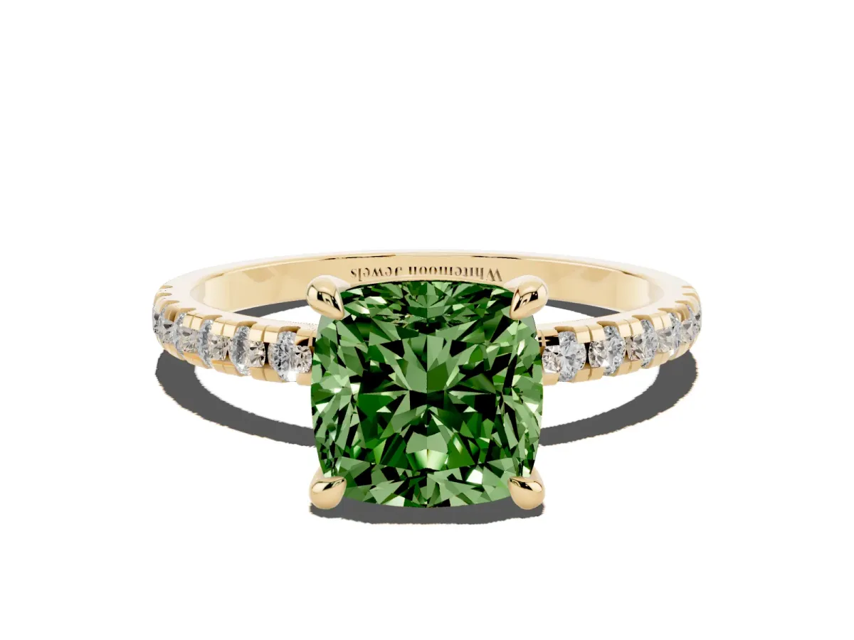 Fancy Green Cushion Cut Diamond Brilliant Solitaire Ring with Pavé Band and Four-Prong Setting Yellow gold