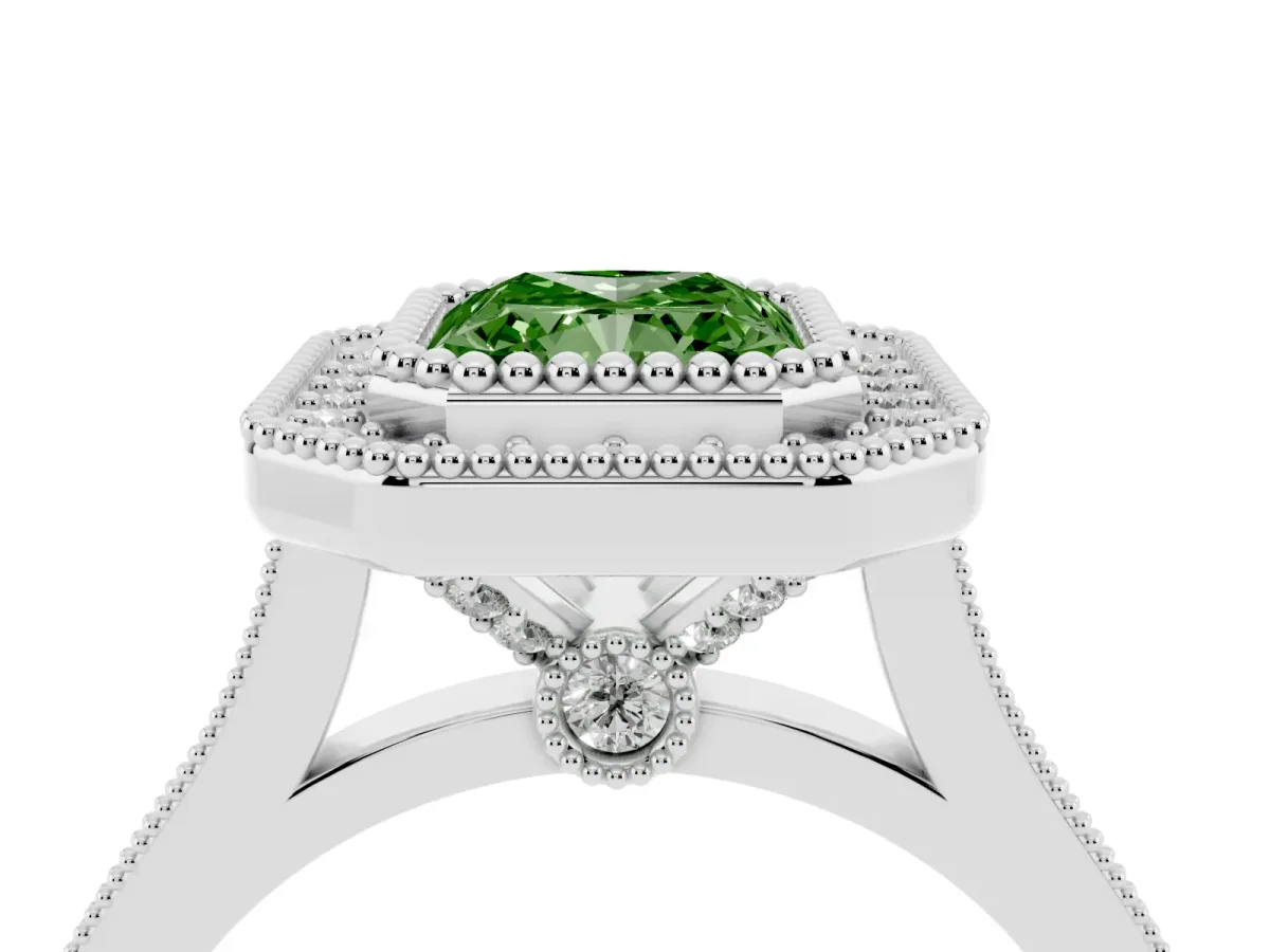 Fancy Green Radiant Cut Diamond Halo Ring with Milgrain Frame and Pavé Band White gold