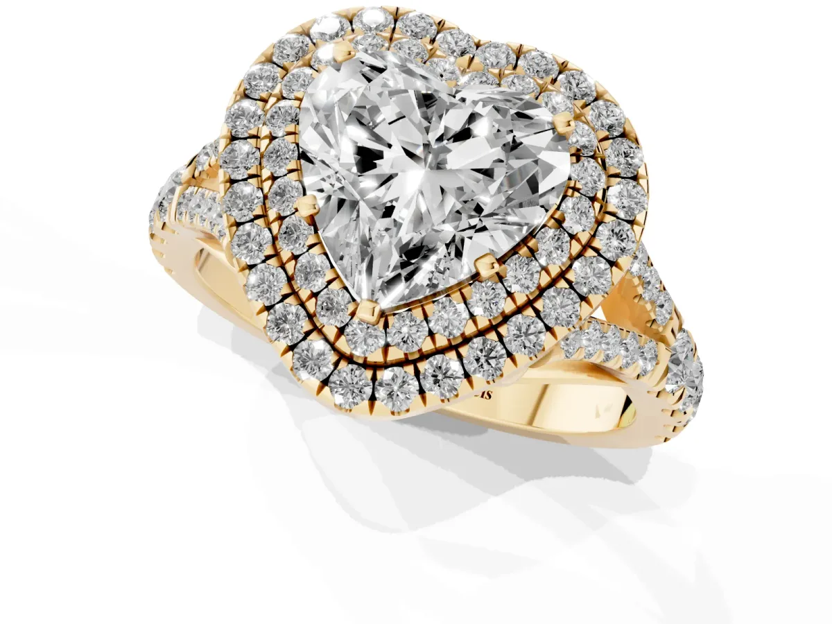 Heart Cut Cut Double Halo Split Shank Diamond Ring with Prong Setting Yellow gold