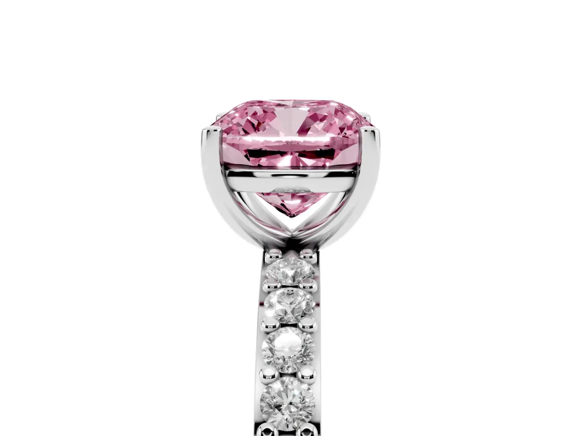 Fancy Pink Cushion Cut Cut Diamond Solitaire with Pave Band and Four-Prong Setting Silver