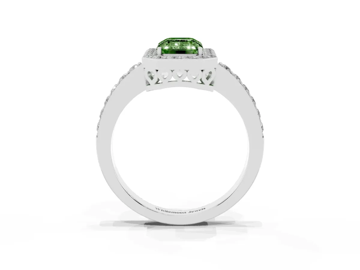 Fancy Green Emerald Cut Halo Diamond Pavé Band Ring with Prong Setting Silver