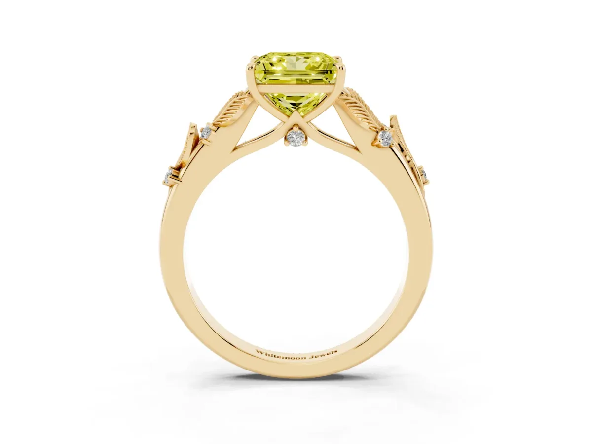 Fancy Yellow Princess Cut Diamond Solitaire Ring with Leaf Motif Band and Four-Prong Setting Yellow gold