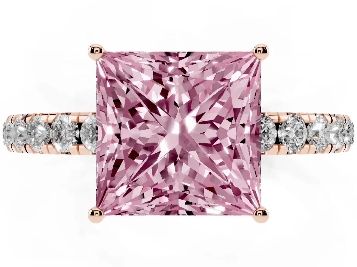 Fancy Pink Princess Cut Diamond Pavé Solitaire Engagement Ring with Four-Prong Setting Rose gold