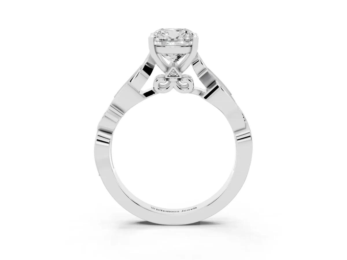 Cushion Cut Solitaire Vine Band with Milgrain Prong Setting Silver
