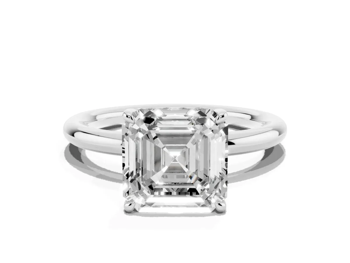 Asscher Cut Diamond Solitaire Ring with Thin Band and Four-Prong Setting Silver