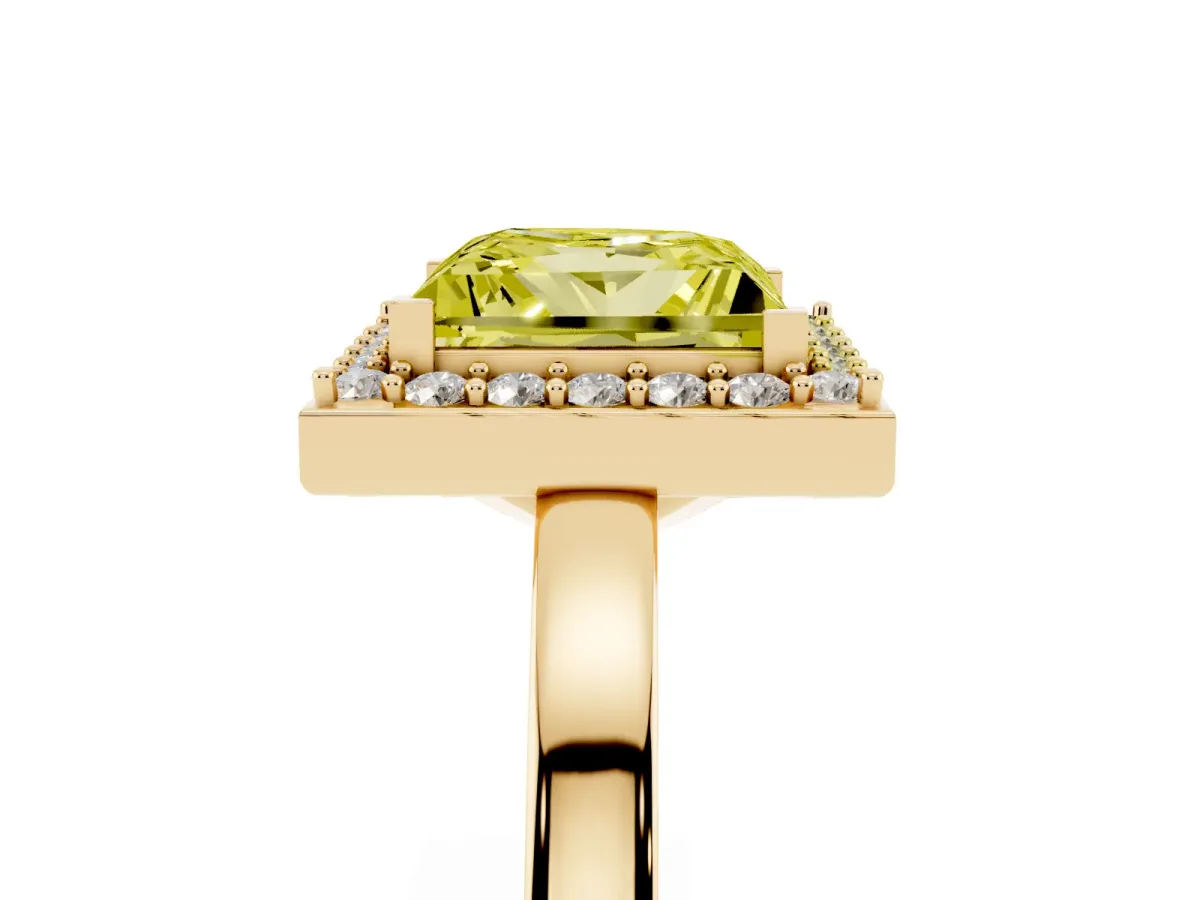 Fancy Yellow Princess Cut Halo Diamond Ring with Solitaire Band and Prong Setting Yellow gold