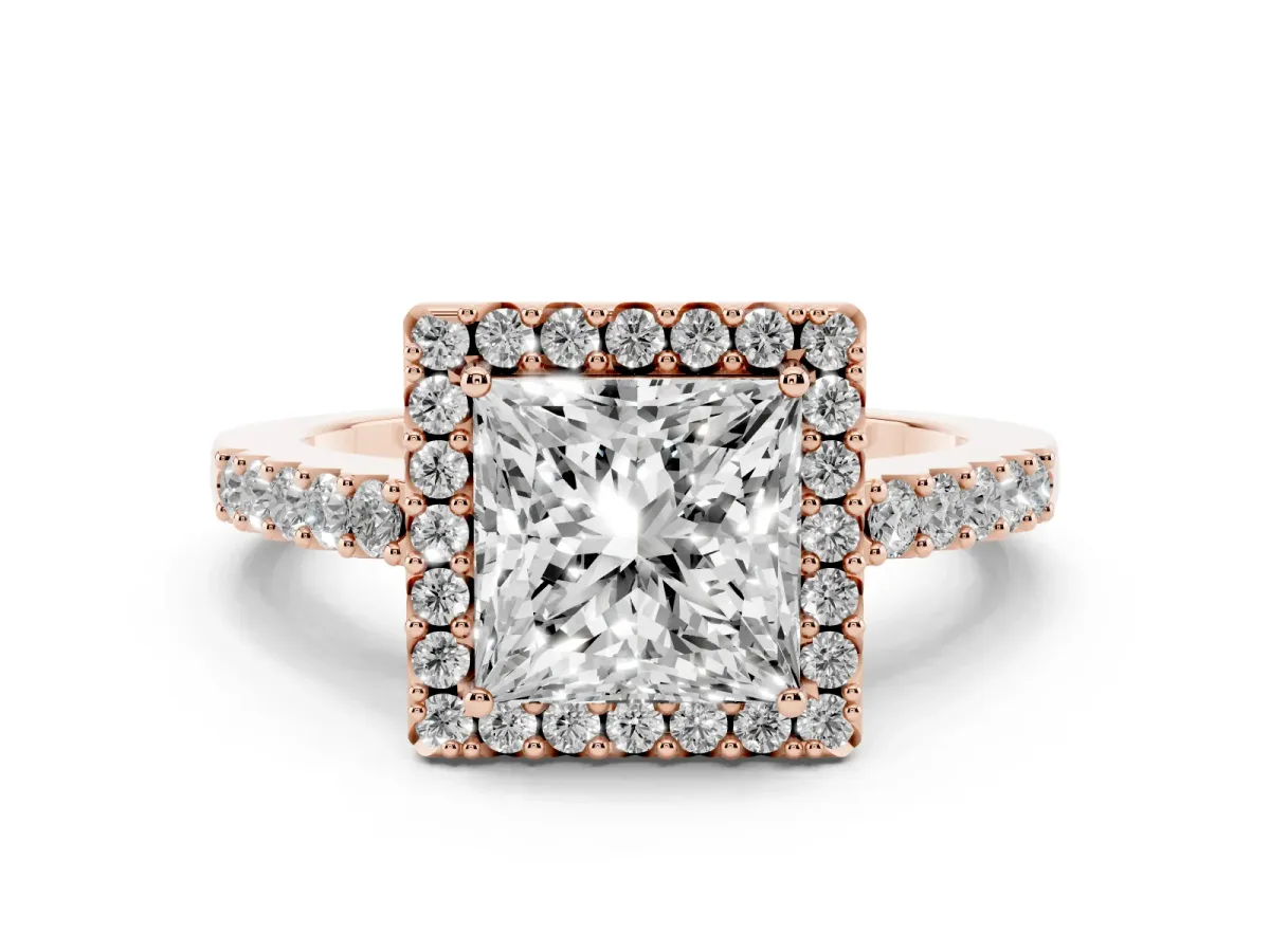 Princess Cut Halo Diamond Pavé Solitaire Ring Rose gold