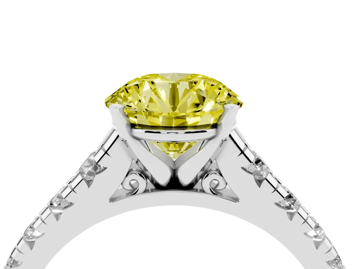 Fancy Yellow Round Cut Diamond Cathedral Solitaire Ring with Round Pavé Band Silver