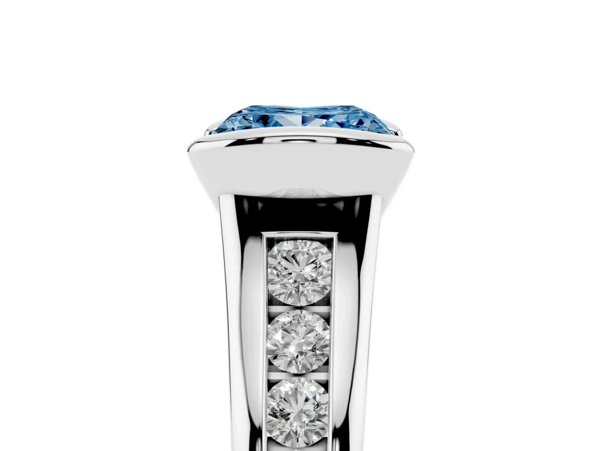 Fancy Blue Princess Cut Solitaire Bezel-Set Diamond Ring with Channel-Set Band Silver