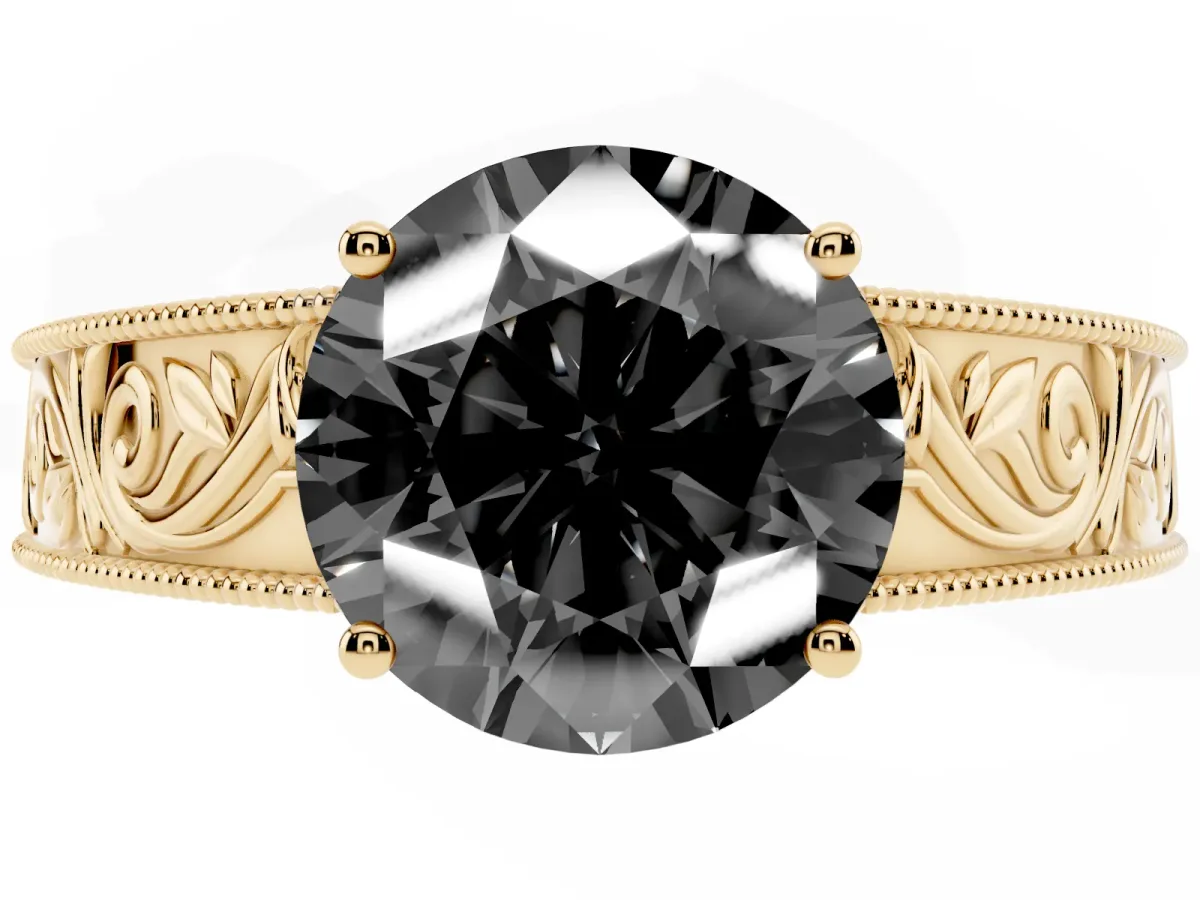 Fancy Black Round Cut Diamond Solitaire Ring with Engraved Band and Four-Prong Setting Yellow gold