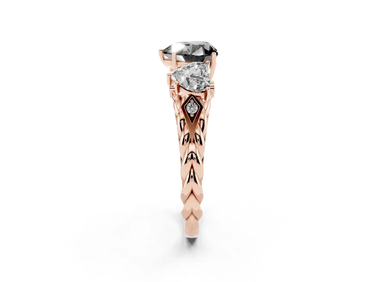 Fancy Black Three-Stone Heart Cut Diamond Braided Band Ring with Four-Prong Setting Rose gold
