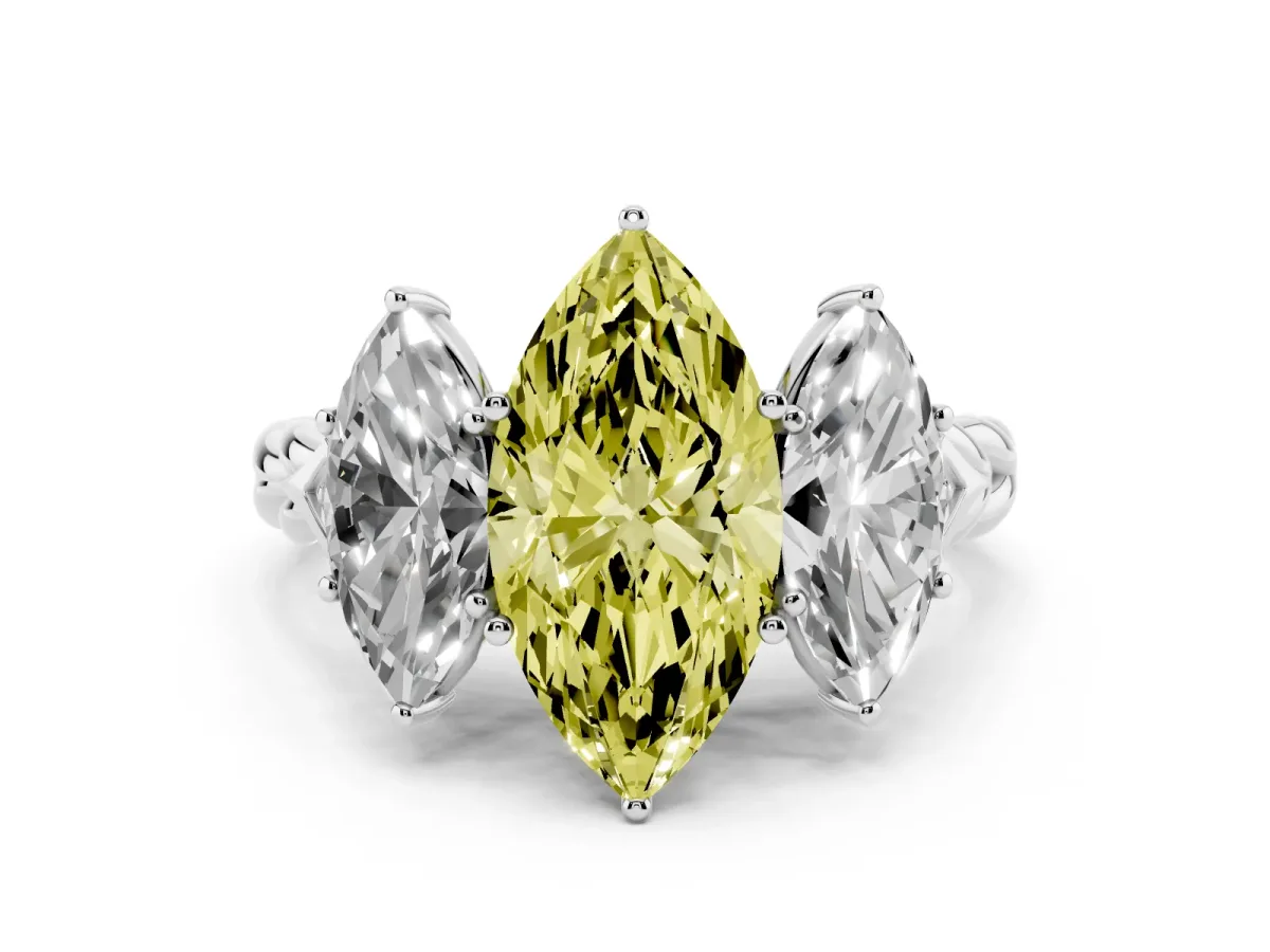 Fancy Yellow Three-Stone Marquise Cut Diamond Braided Band Ring with Four-Prong Setting Silver