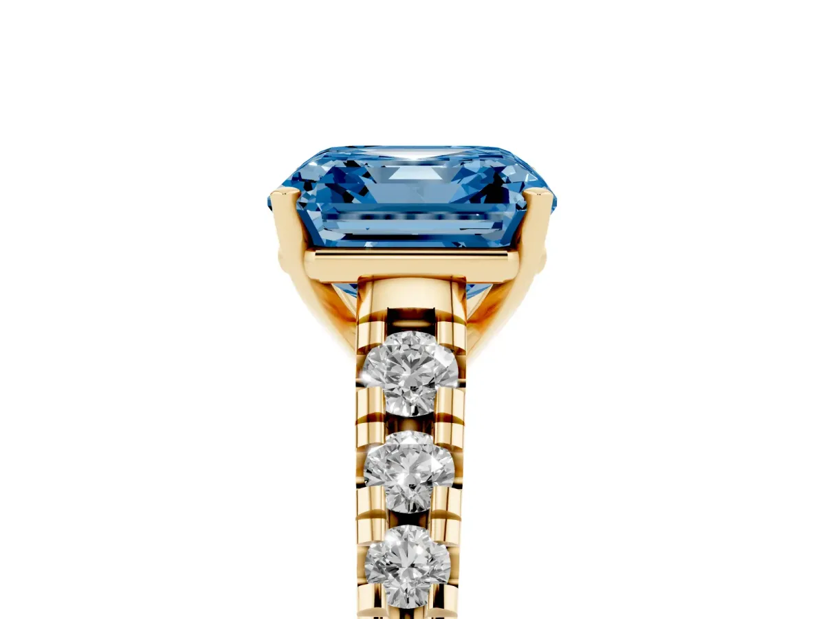 Fancy Blue Asscher Cut Diamond Cathedral Solitaire Ring with Round Pavé Band Yellow gold