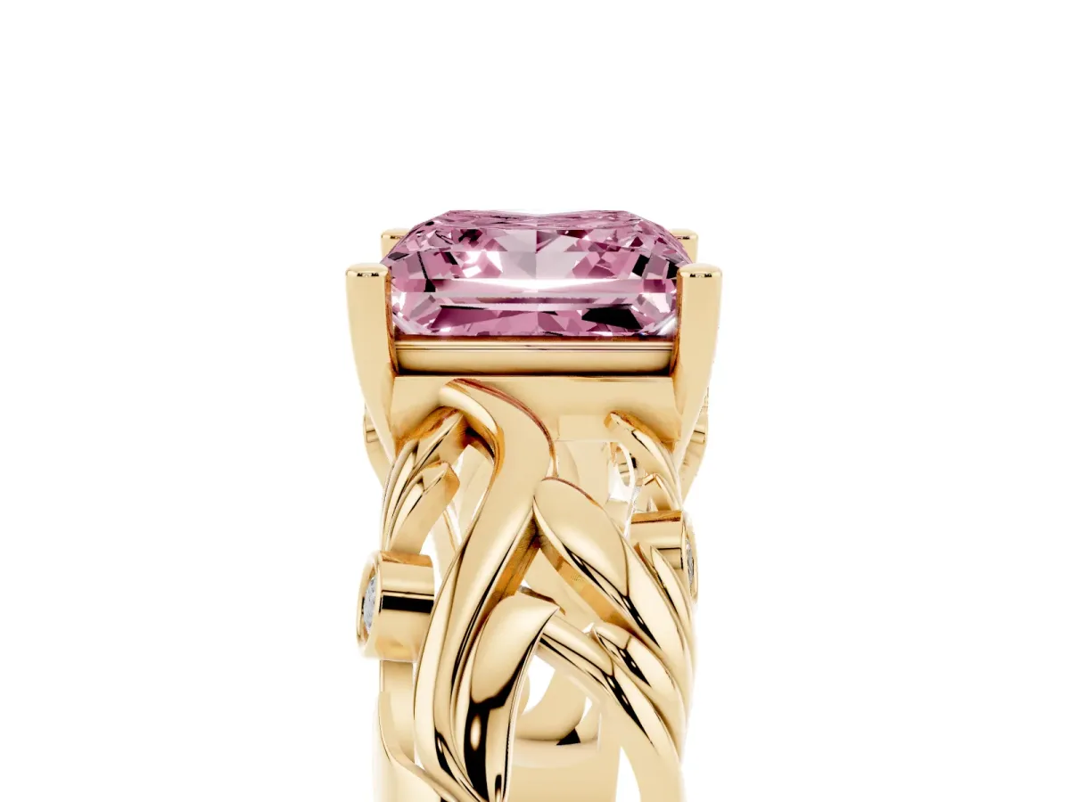 Fancy Pink Princess Cut Solitaire Diamond Leaf-Inspired Vine Band Ring with Prong Setting Yellow gold