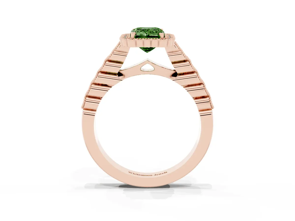 Fancy Green Emerald Cut Cut Halo Pavé Solitaire Ring with Milgrain Band Rose gold