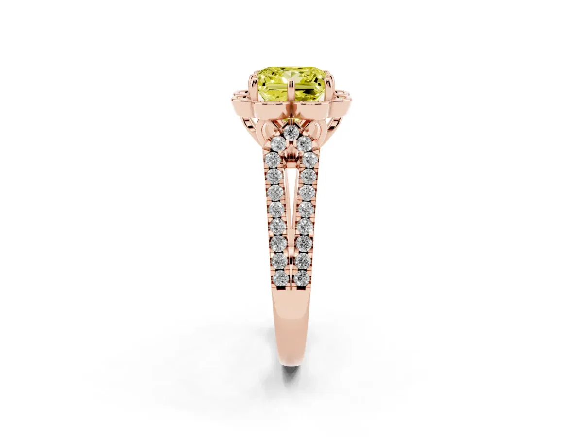 Fancy Yellow Princess Cut Halo Diamond Floral Split Shank Engagement Ring Rose gold