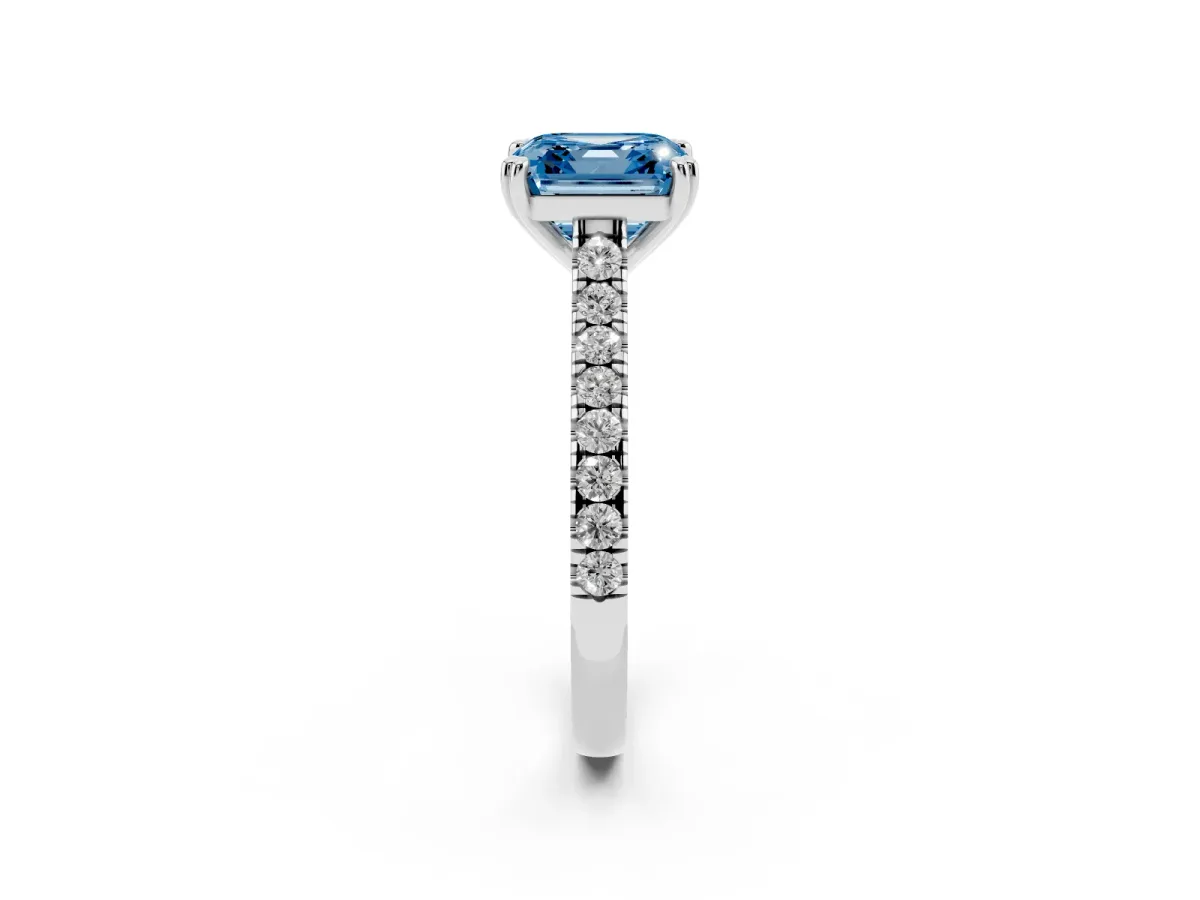Fancy Blue Asscher Cut Solitaire Pave Diamond Engagement Ring with Prong Setting Silver