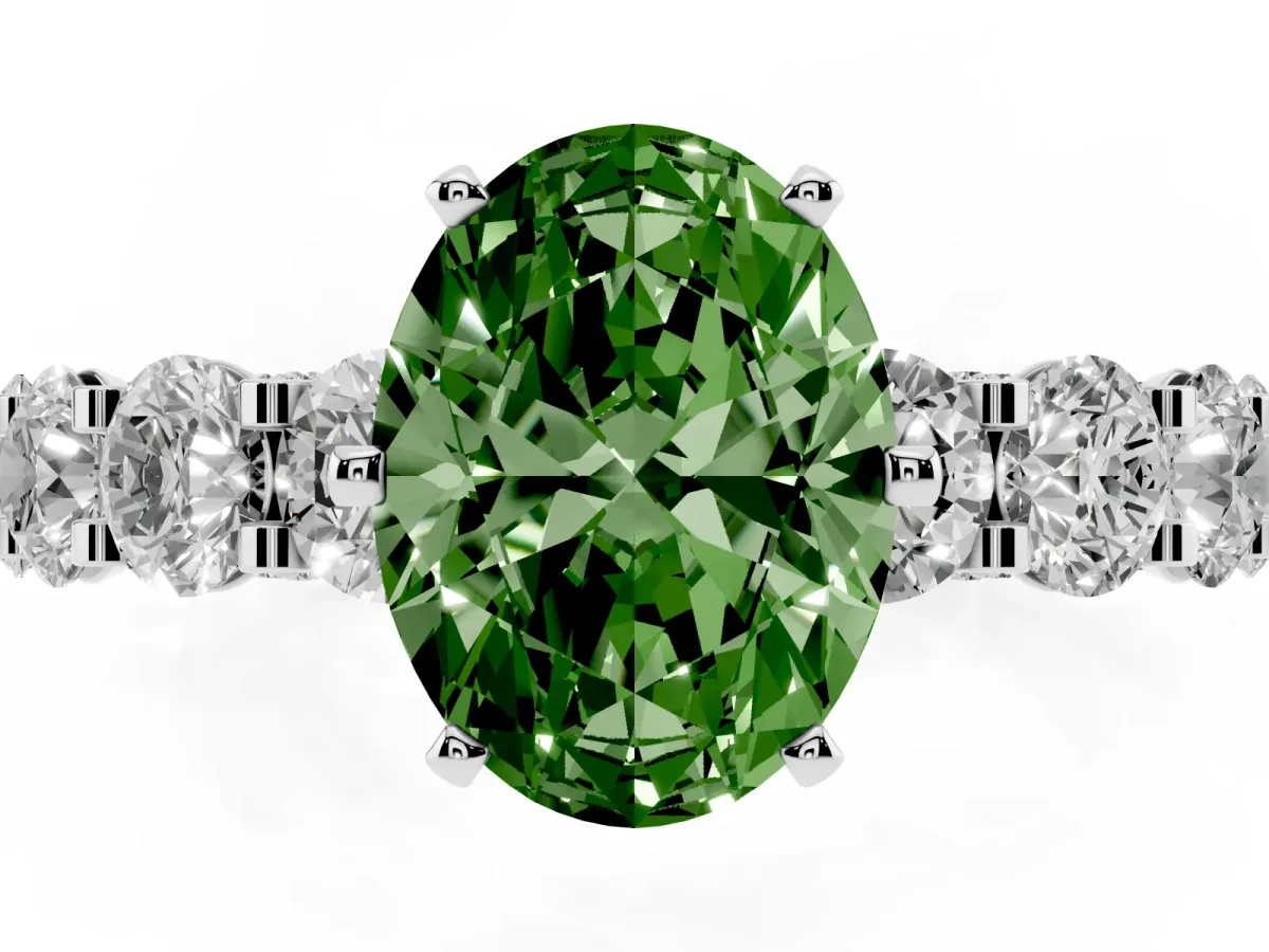 Fancy Green Oval Cut Diamond Side Stone Engagement Ring with Four-Prong Setting Silver