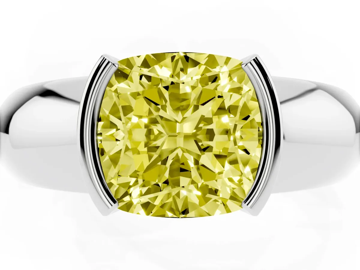 Fancy Yellow Cushion Cut Solitaire Tension Set Diamond Ring with Wide Band Platinum