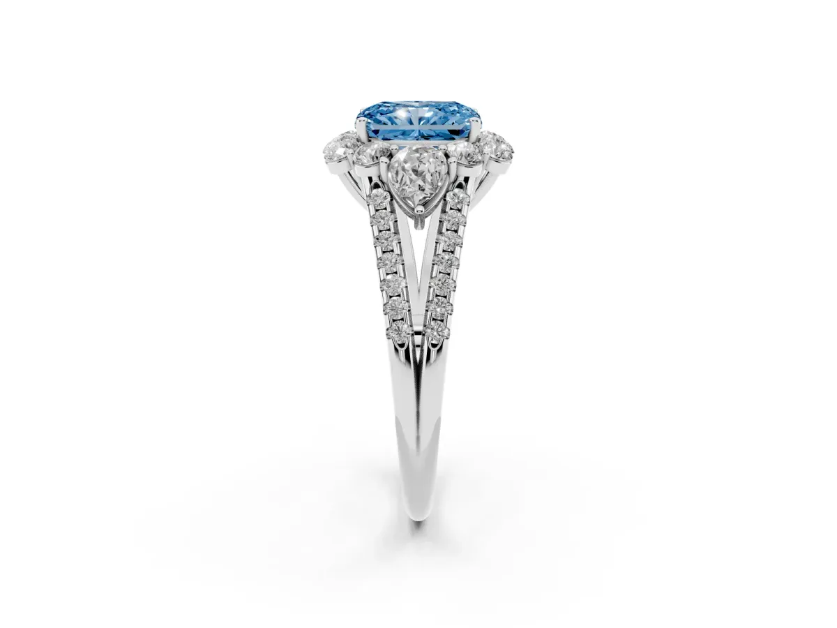 Fancy Blue Radiant Cut Halo Split Shank Diamond Engagement Ring with Prong Setting Silver