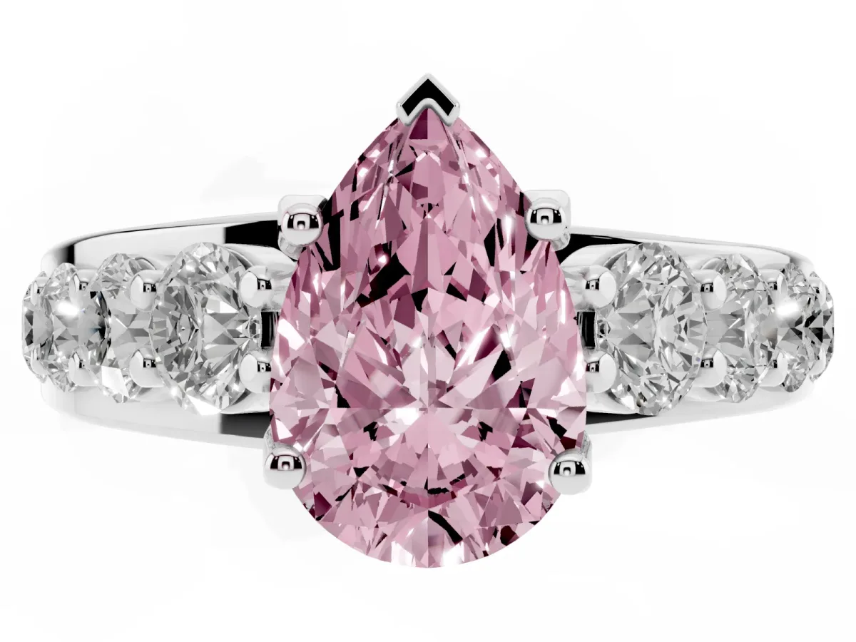 Fancy Pink Pear Cut Diamond Engagement Ring with Pavé Band and Four-Prong Setting White gold