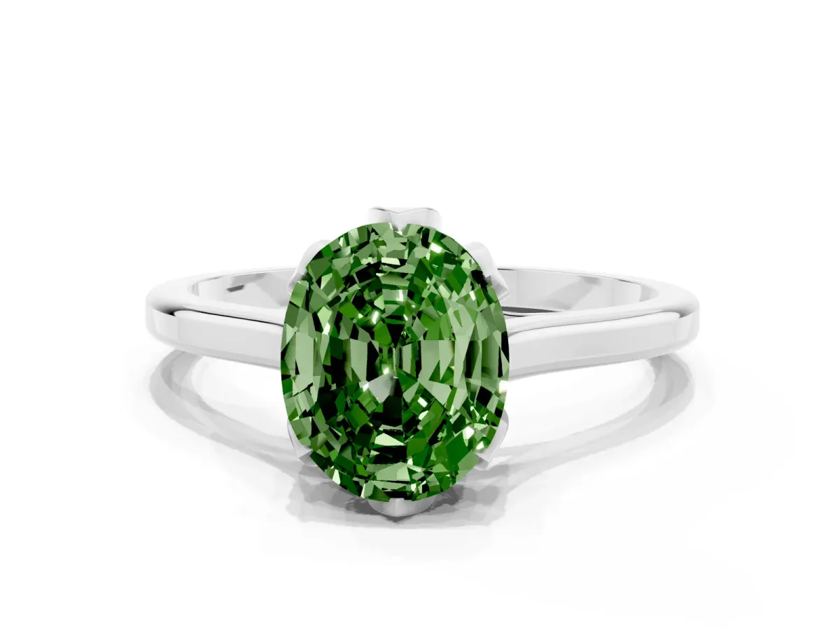 Fancy Green Oval Cut Diamond Solitaire Ring with Flower Prong Setting and Classic Band Silver