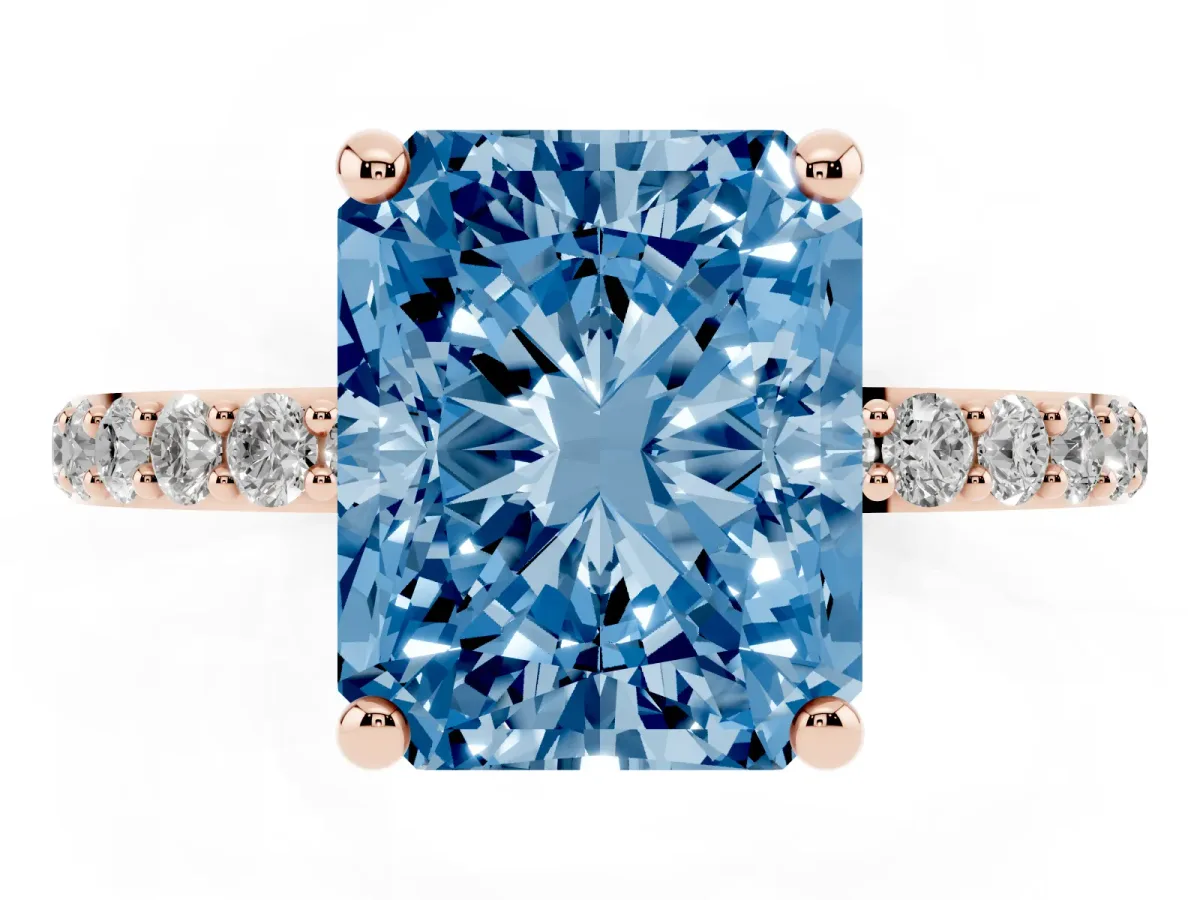 Fancy Blue Radiant Cut Diamond Solitaire Ring with Round Pavé Band and Prong Setting Rose gold