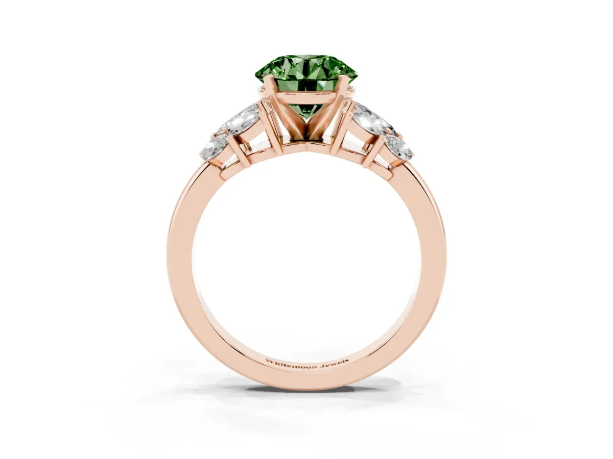 Fancy Green Round Cut Diamond Cluster Leaf Design Ring with Prong Setting Rose gold