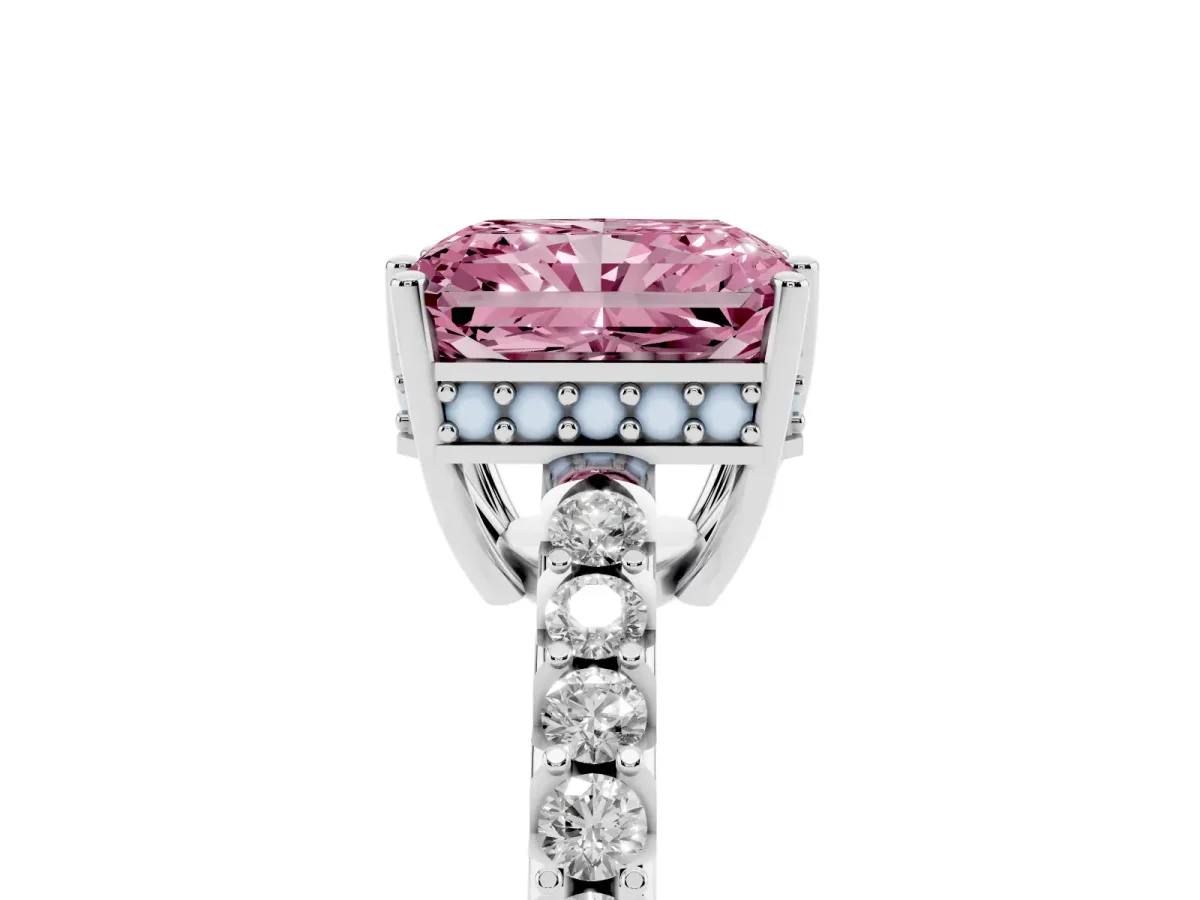 Fancy Pink Radiant Cut Solitaire Diamond Engagement Ring with Pavé Band and Six-Prong Setting Silver