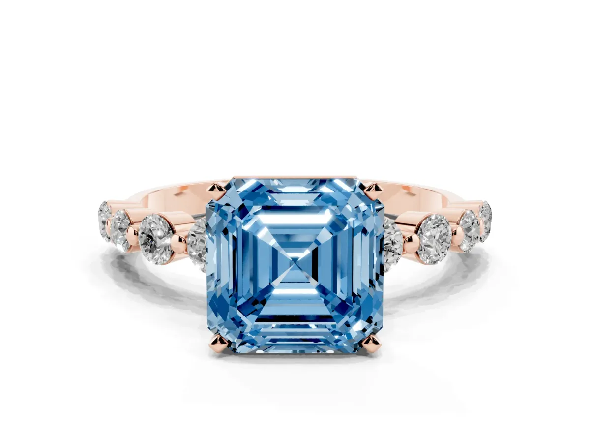 Fancy Blue Asscher Cut Solitaire Diamond Ring with Pave Band and Four-Prong Setting Rose gold