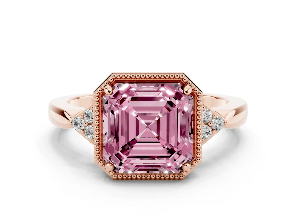Fancy Pink Milgrain Asscher Cut Cut Diamond Ring with Tapered Pave Band and Four Prong Setting Rose gold