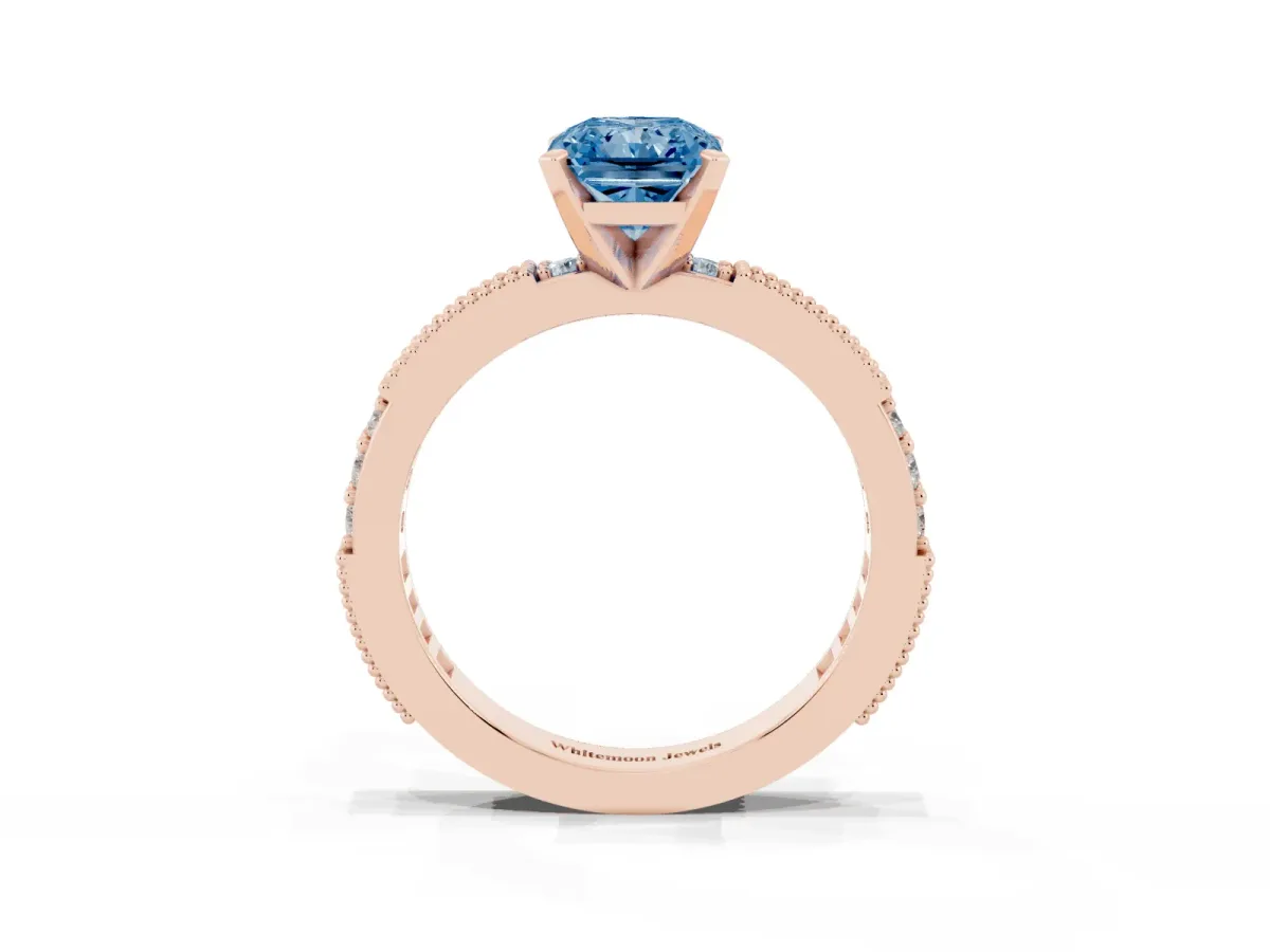 Fancy Blue Radiant Cut Solitaire with Pavé Band and Four-Prong Setting Rose gold