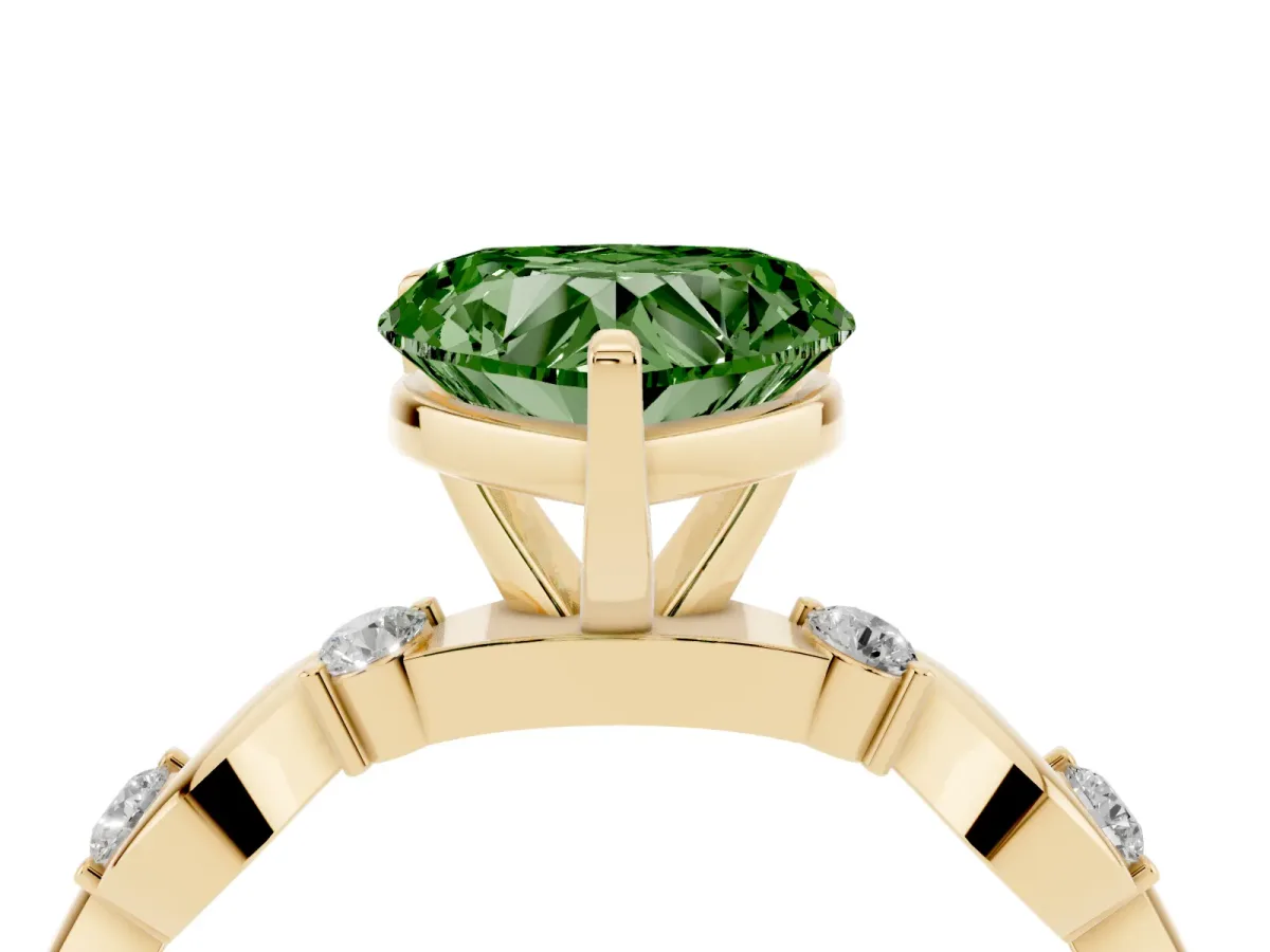 Fancy Green Heart Cut Diamond Solitaire Twisted Band with Round Accents and Prong Setting Yellow gold