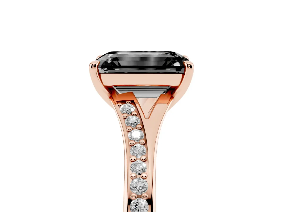 Fancy Black Emerald Cut Diamond Solitaire Ring with Pavé Band and Prong Setting Rose gold
