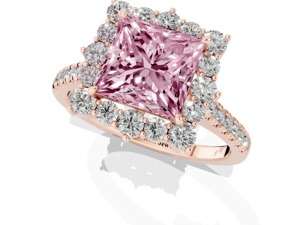 Fancy Pink Princess Cut Halo Diamond Ring with Pavé Band and Prong Setting Rose gold