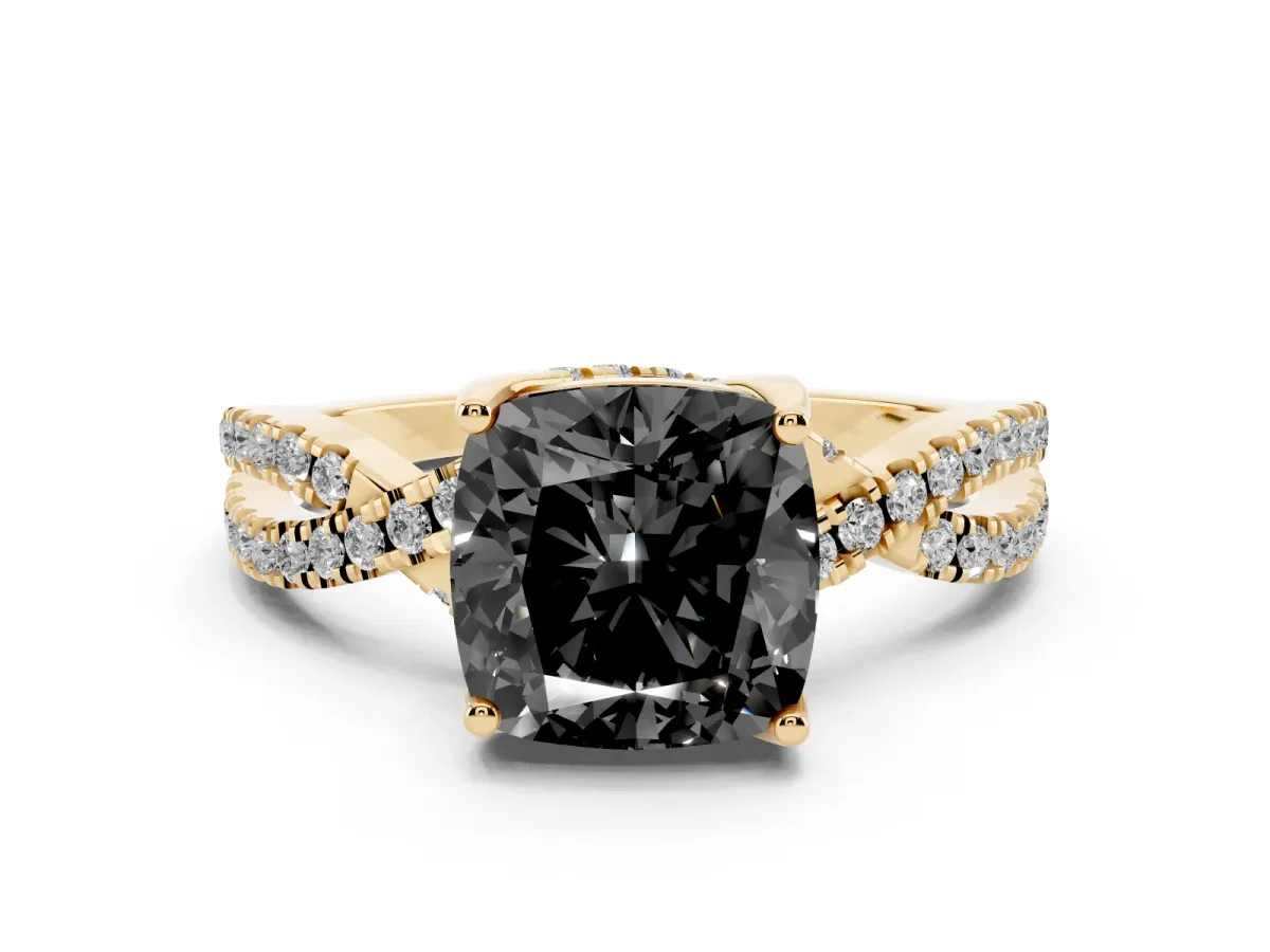 Fancy Black Cushion Cut Solitaire Twist Pave Diamond Engagement Ring with Prong Setting Yellow gold