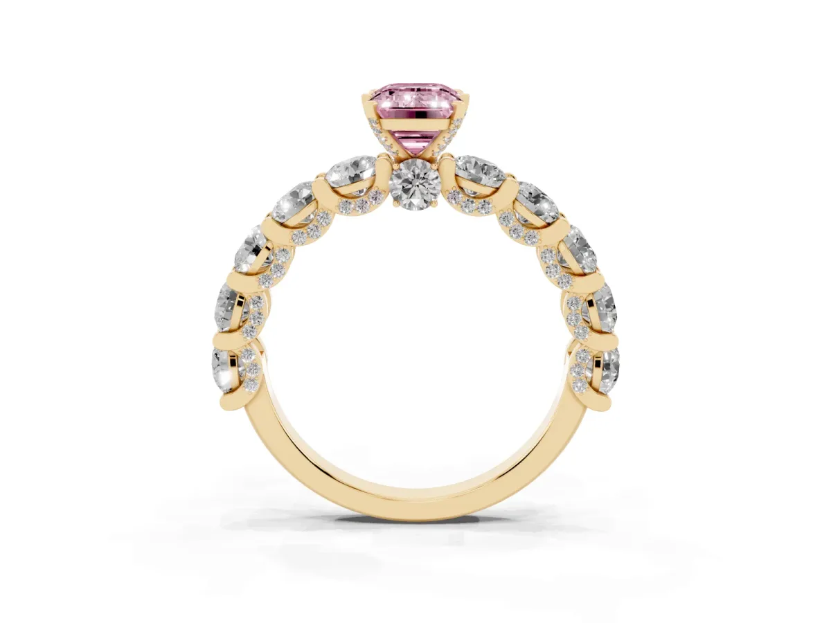 Fancy Pink Emerald Cut Diamond Side Stone Engagement Ring with Four-Prong Setting Yellow gold