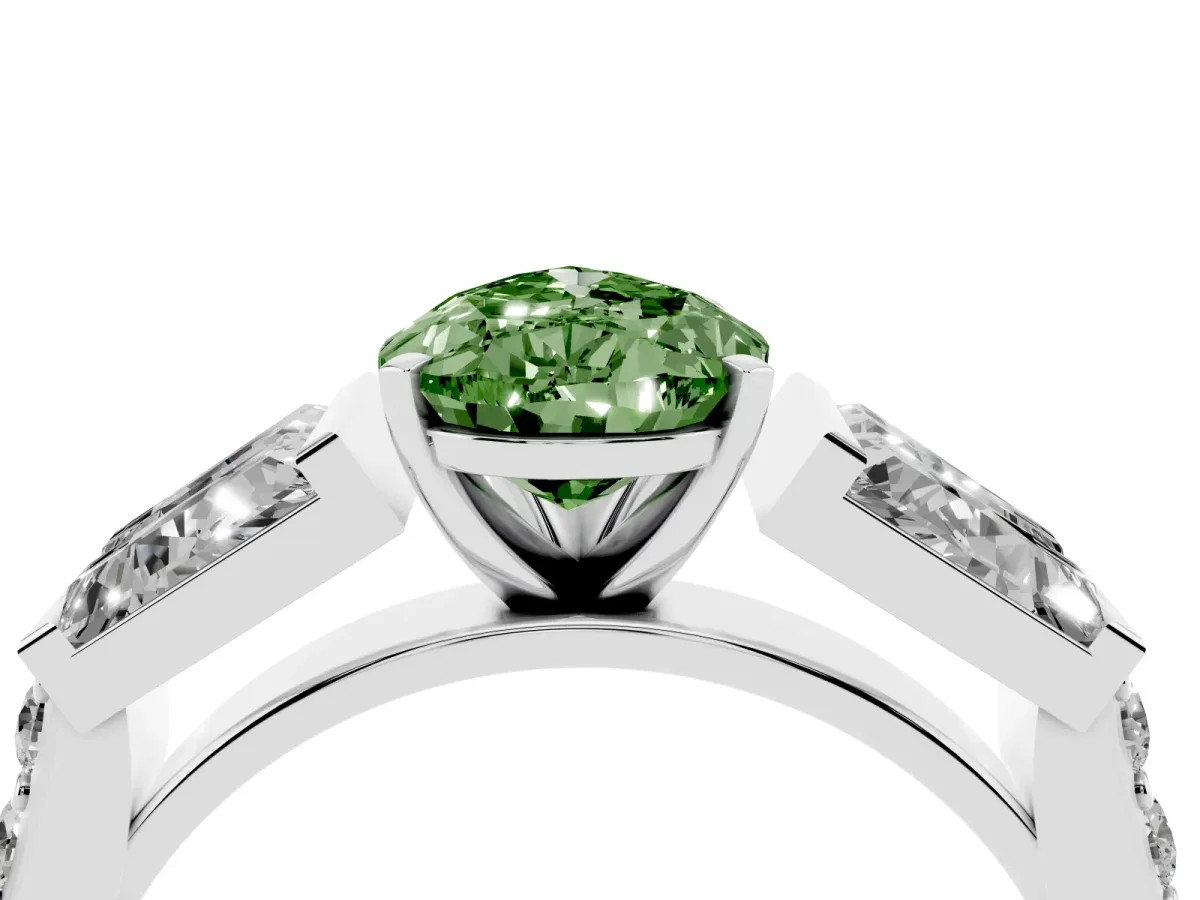Fancy Green Pear Cut Diamond Engagement Ring with Baguette Side Stones and Channel Set Band Silver