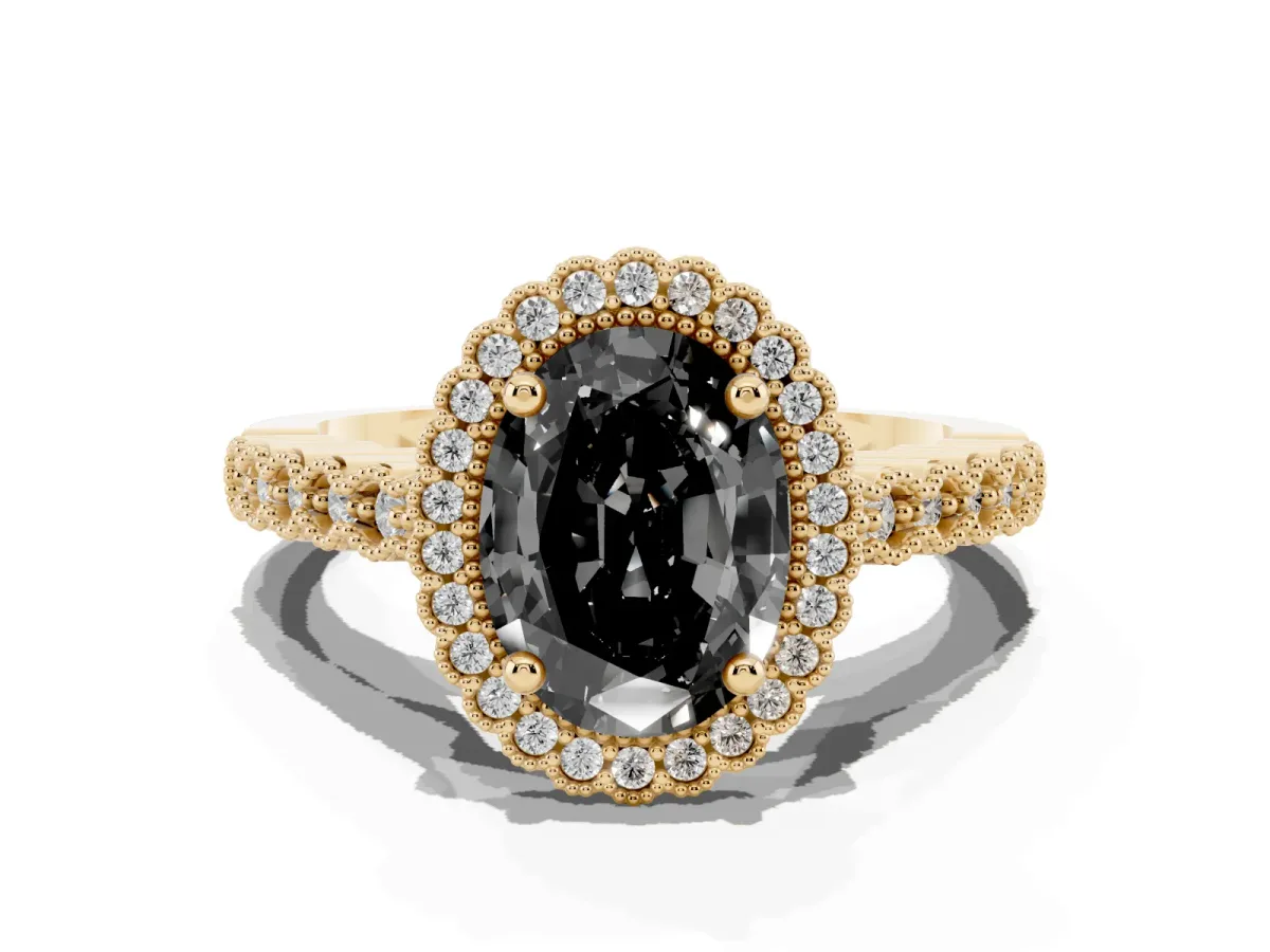 Fancy Black Oval Cut Cut Halo Pavé Solitaire Ring with Milgrain Band Yellow gold