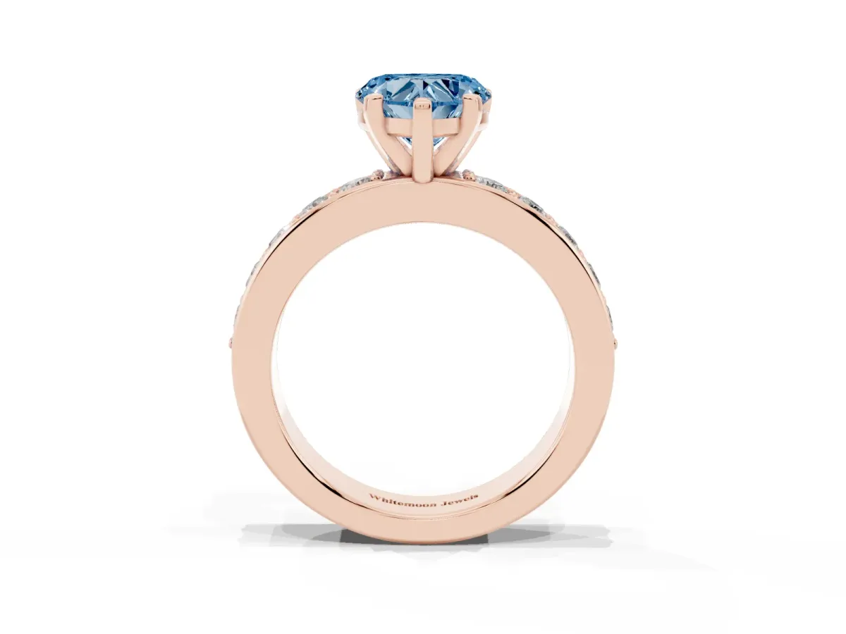 Fancy Blue Heart Cut Diamond Engagement Ring with Channel Set Round Band and Prong Setting Rose gold
