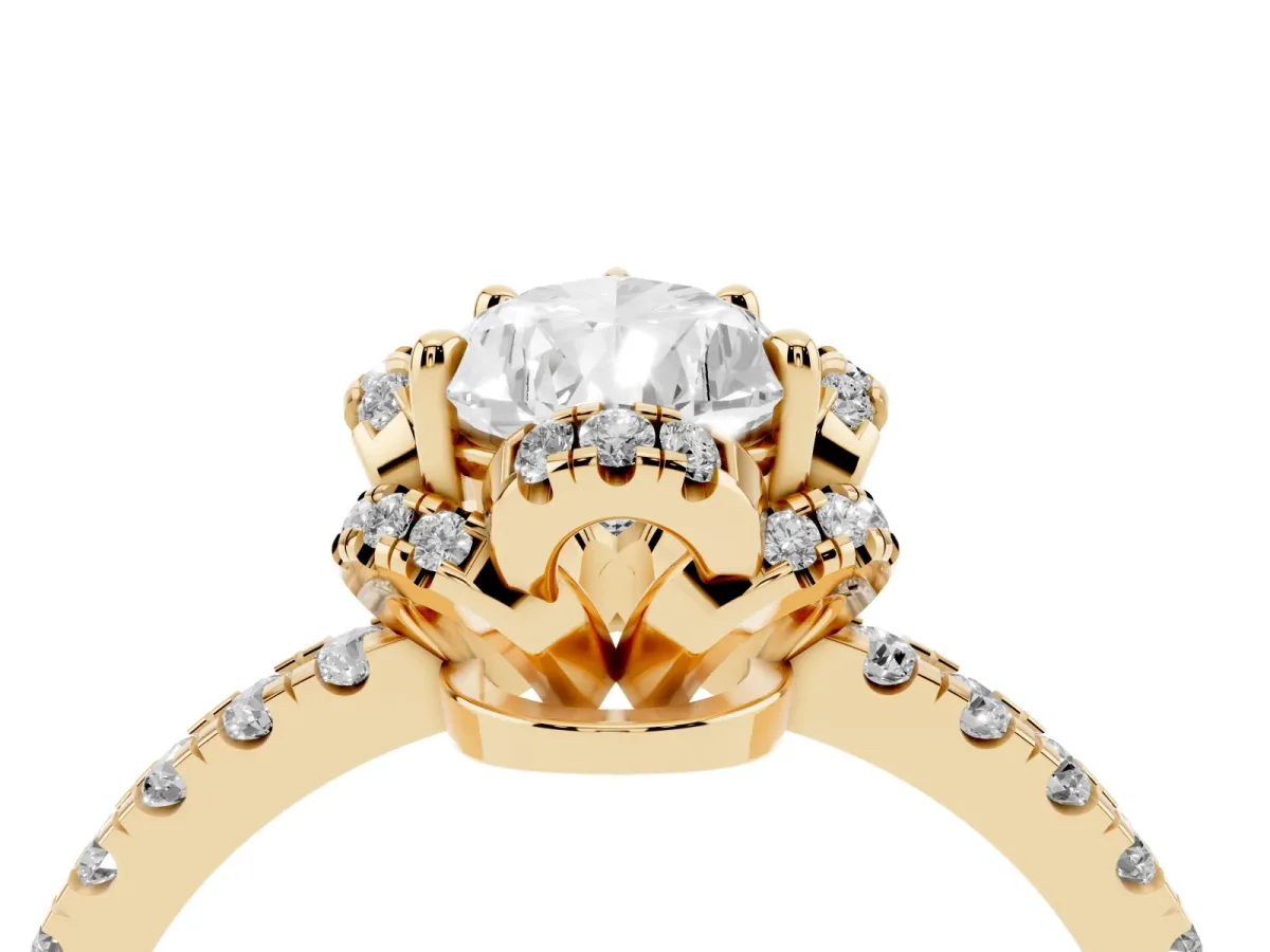 Pear Cut Halo Diamond Pave Band Ring with Four-Prong Setting Yellow gold