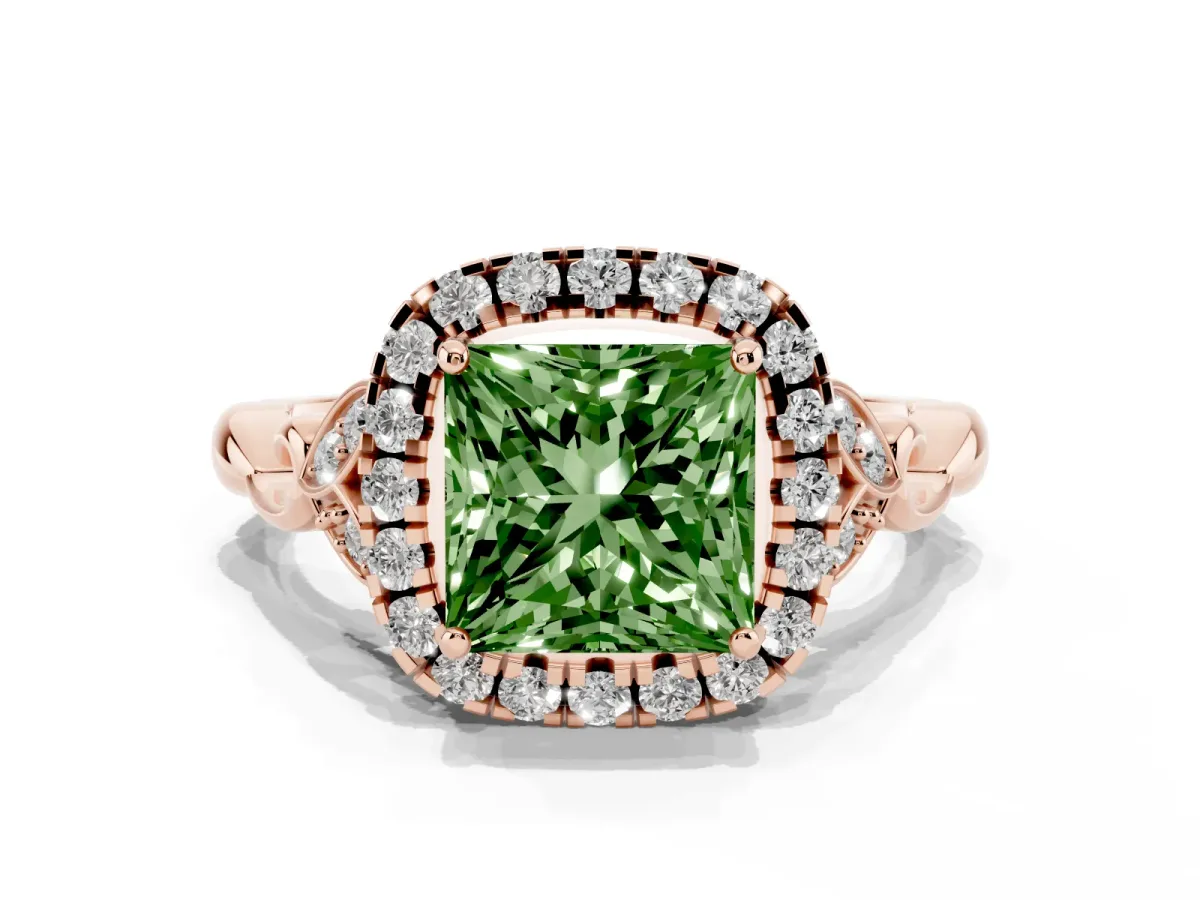 Fancy Green Princess Cut Halo Diamond Engagement Ring with Vintage-Inspired Band and Four-Prong Setting Rose gold