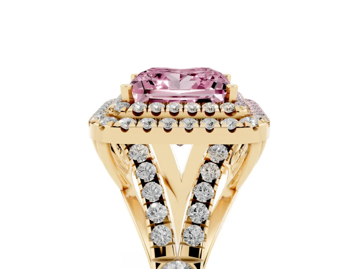 Fancy Pink Princess Cut Diamond Double Halo Ring with Split Shank and Prong Setting Yellow gold
