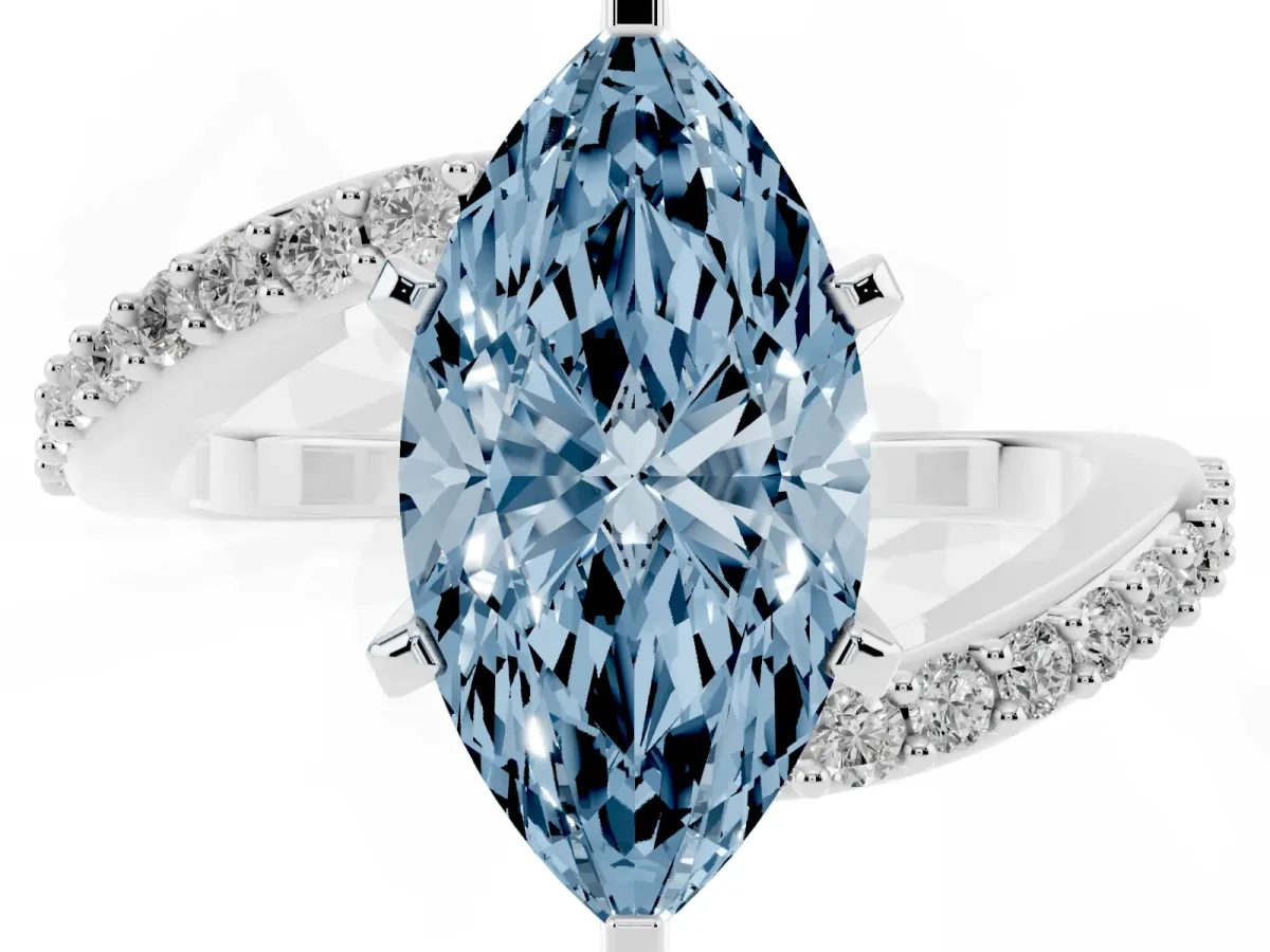 Fancy Blue Marquise Cut Solitaire Twist Band with Pave Set Diamonds and Four-Prong Setting Platinum
