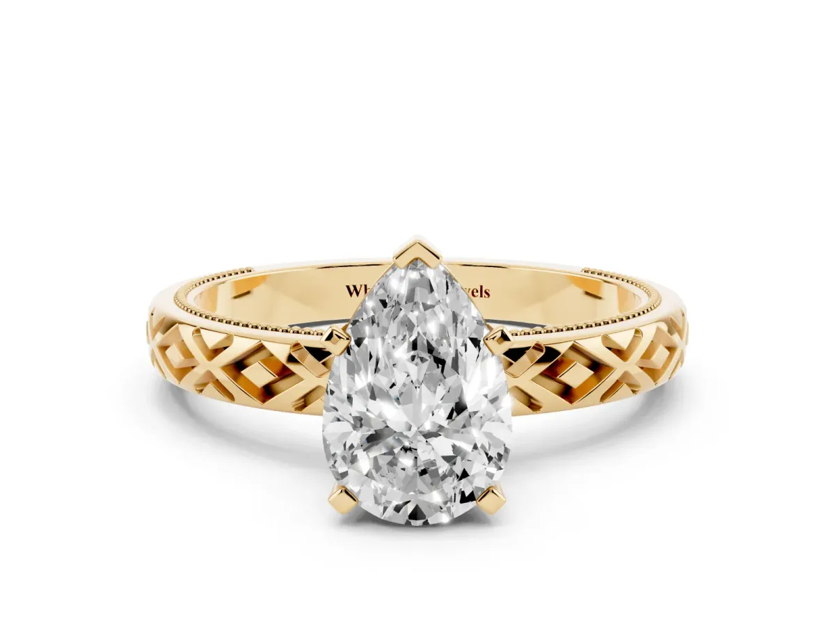 Pear Cut Solitaire Diamond Ring with Milgrain and Black Enamel X Pattern Band Yellow gold