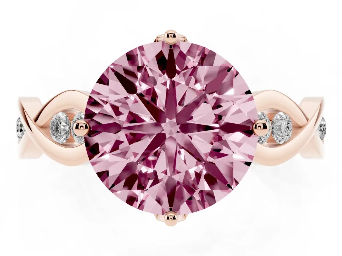 Fancy Pink Round Cut Solitaire Twist Band with Leaf Prong Setting Rose gold