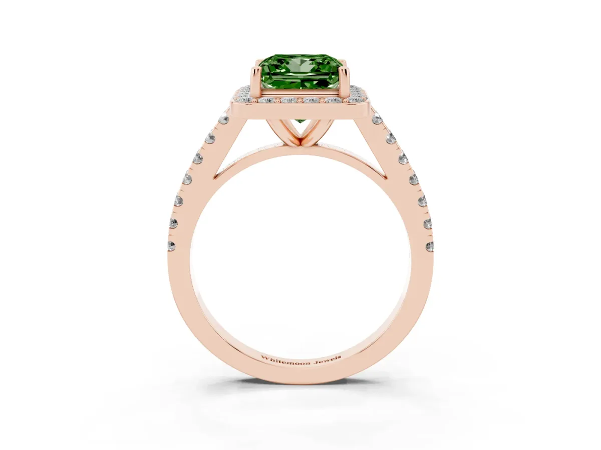 Fancy Green Princess Cut Diamond Halo Ring with Round Pavé Split Shank and Prong Setting Rose gold