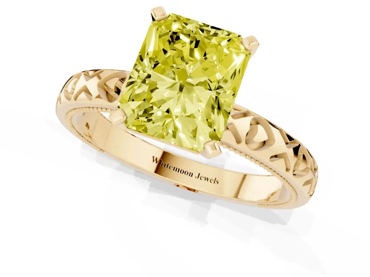 Fancy Yellow Radiant Cut Solitaire Diamond Engagement Ring with XO Engraved Band and Four-Prong Setting Yellow gold