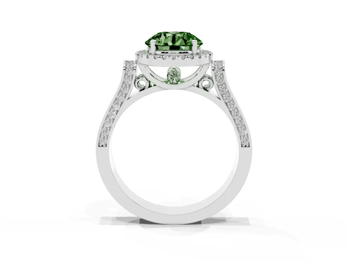 Fancy Green Round Cut Halo Pave Split Shank Prong Setting Ring Silver